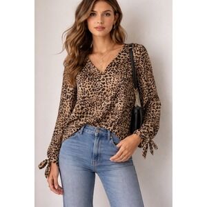 Rebecca Taylor Silk Leopard Print Blouse Tie Sleeve Boho Chic Animal Print 10